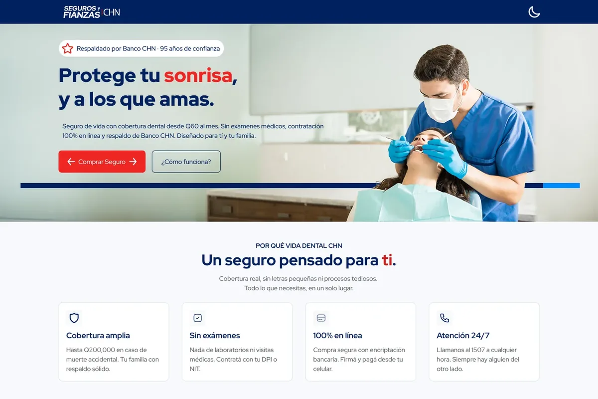 Primera pantalla de la landing de Vida Dental de Seguros CHN, con el mensaje «Protege tu sonrisa» y la sección de beneficios