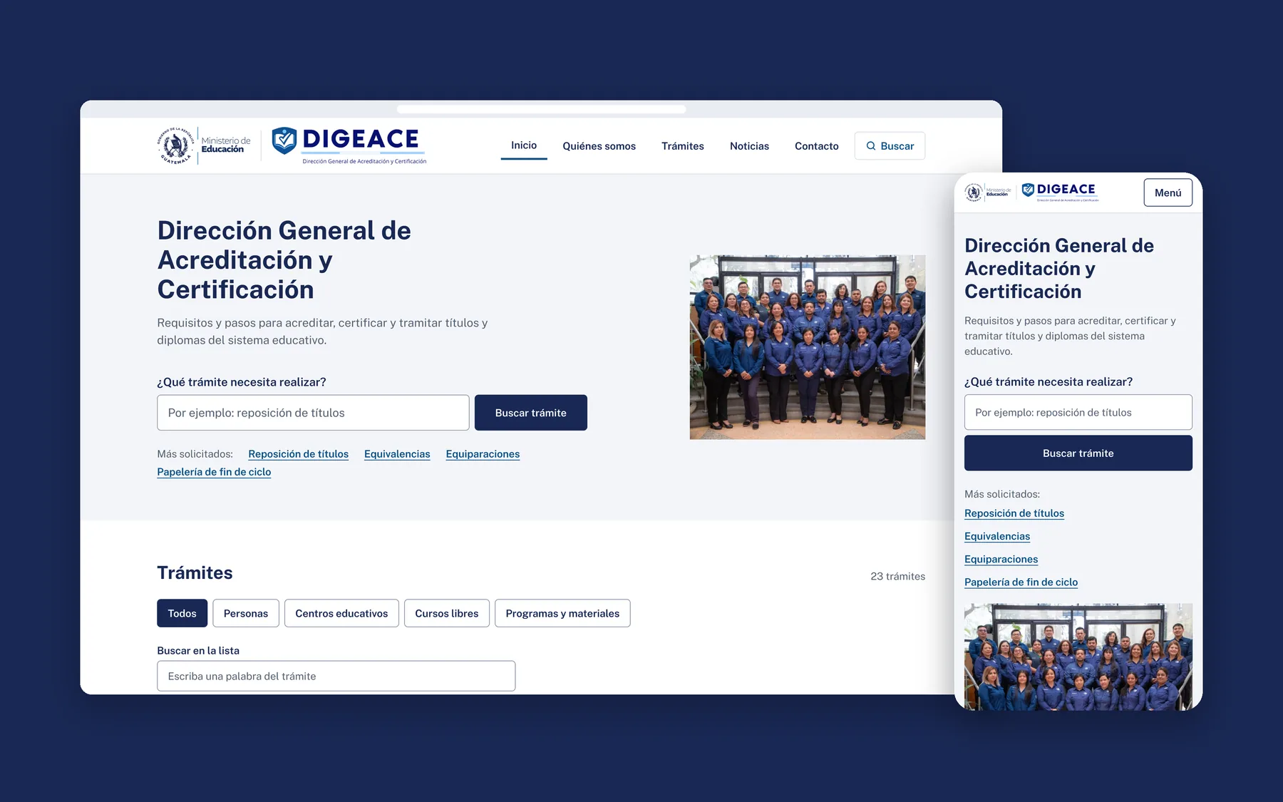 Rediseño del inicio de DIGEACE en escritorio y en móvil, con el buscador de trámites al frente.