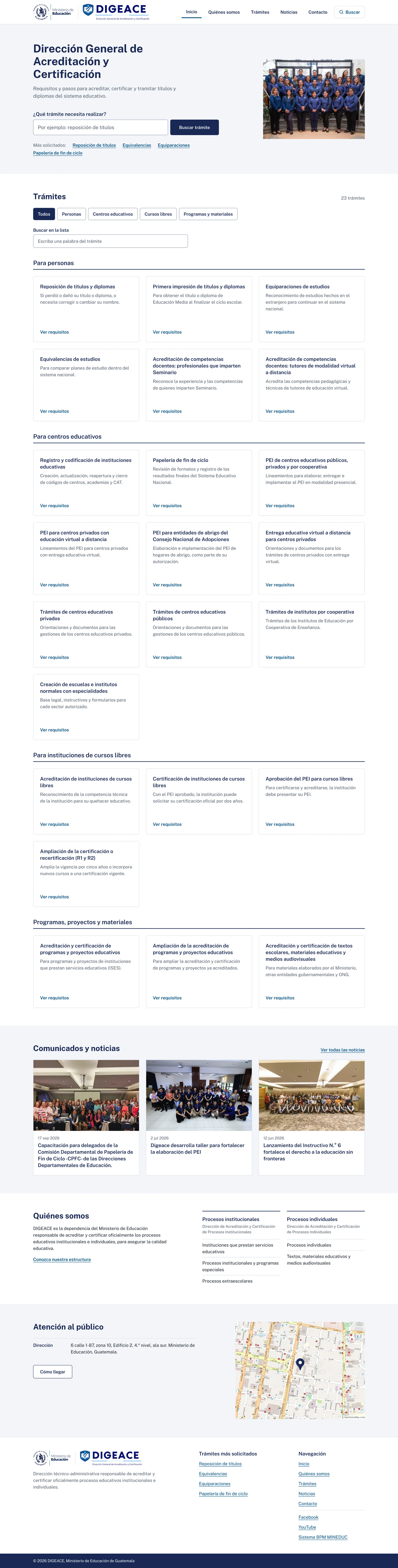 Página de inicio completa del rediseño de DIGEACE en escritorio.