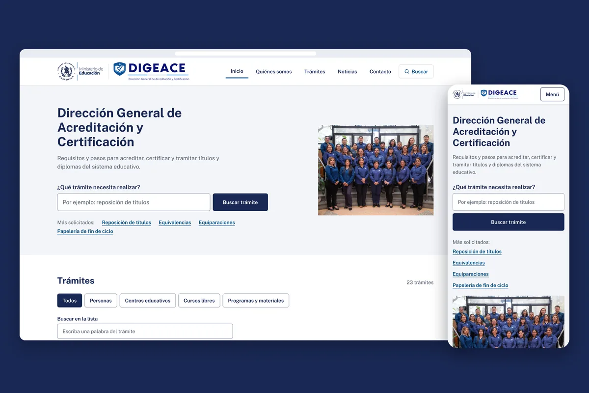Rediseño del inicio de DIGEACE en escritorio y en móvil, con el buscador de trámites al frente.