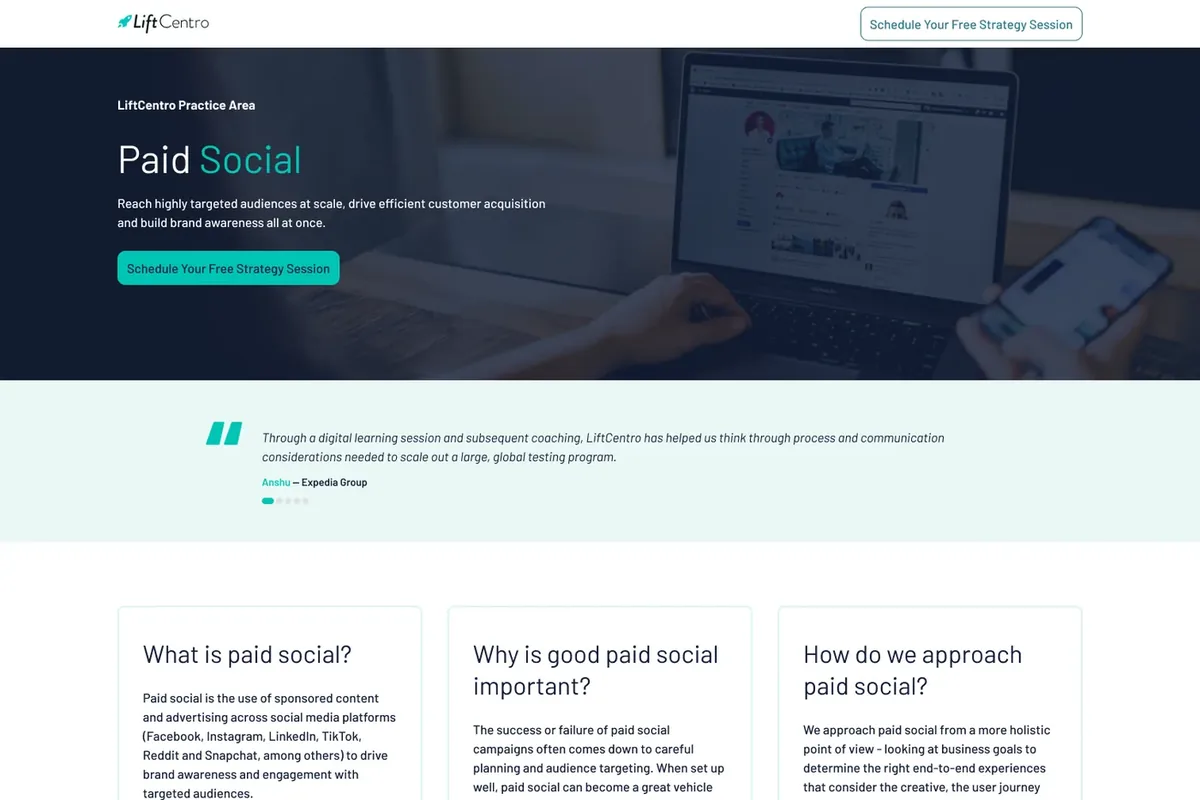 Primera pantalla de la landing de Paid Social de LiftCentro, con su testimonio y los tres bloques de explicación