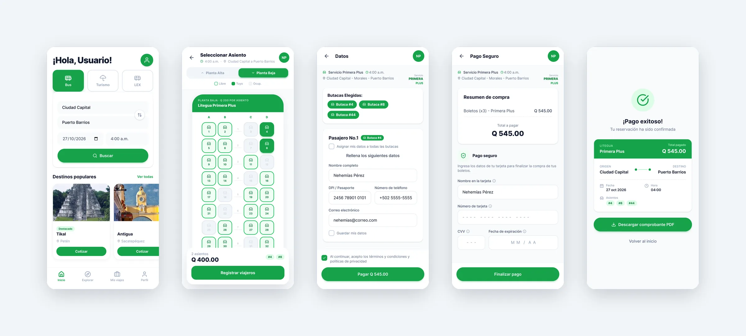 Flujo de compra de boletos en cinco pantallas: búsqueda, selección de asiento, datos de viajeros, pago y confirmación.