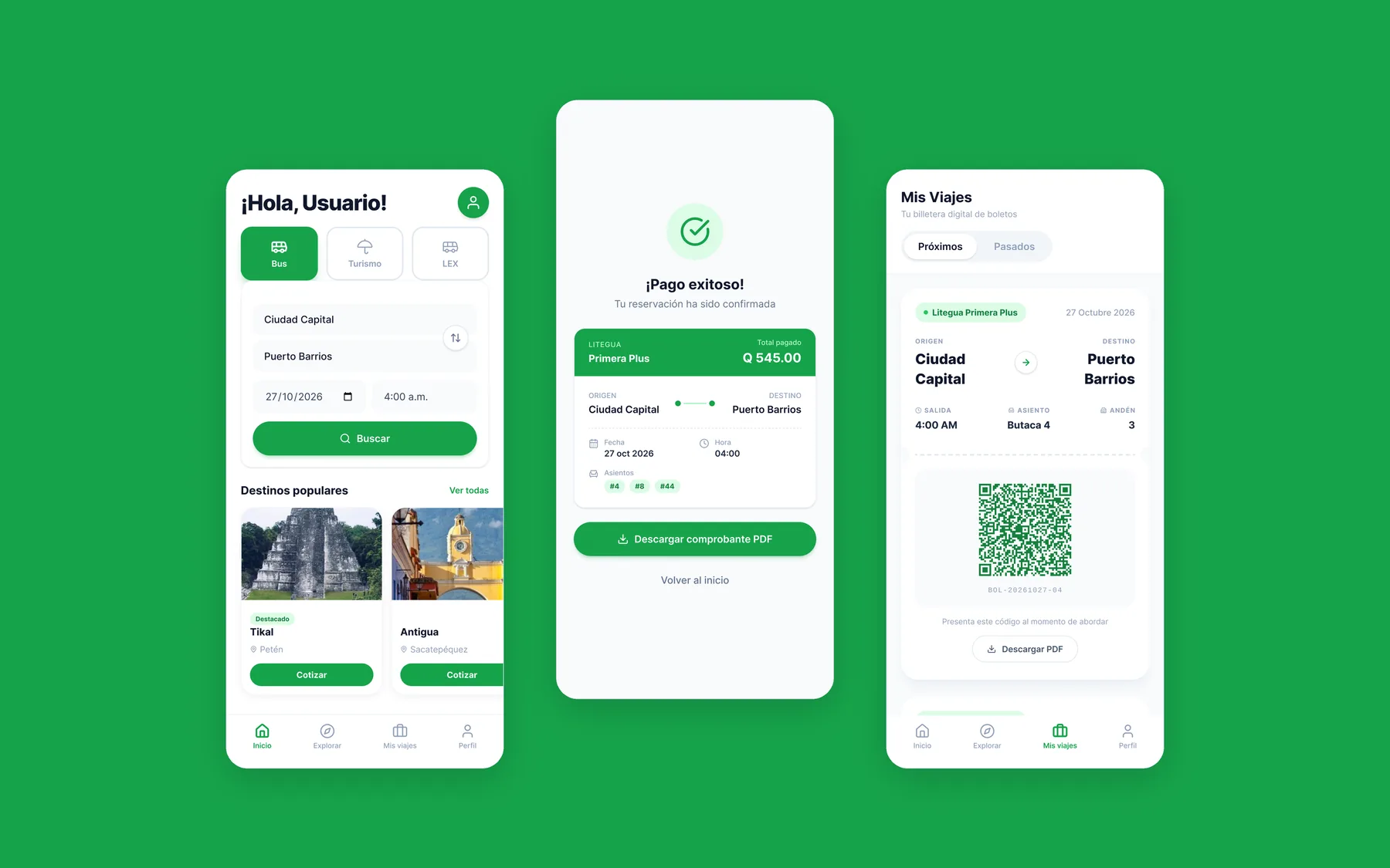 Tres pantallas de la app de Litegua sobre fondo verde: búsqueda de viaje, pago exitoso y billetera de boletos.
