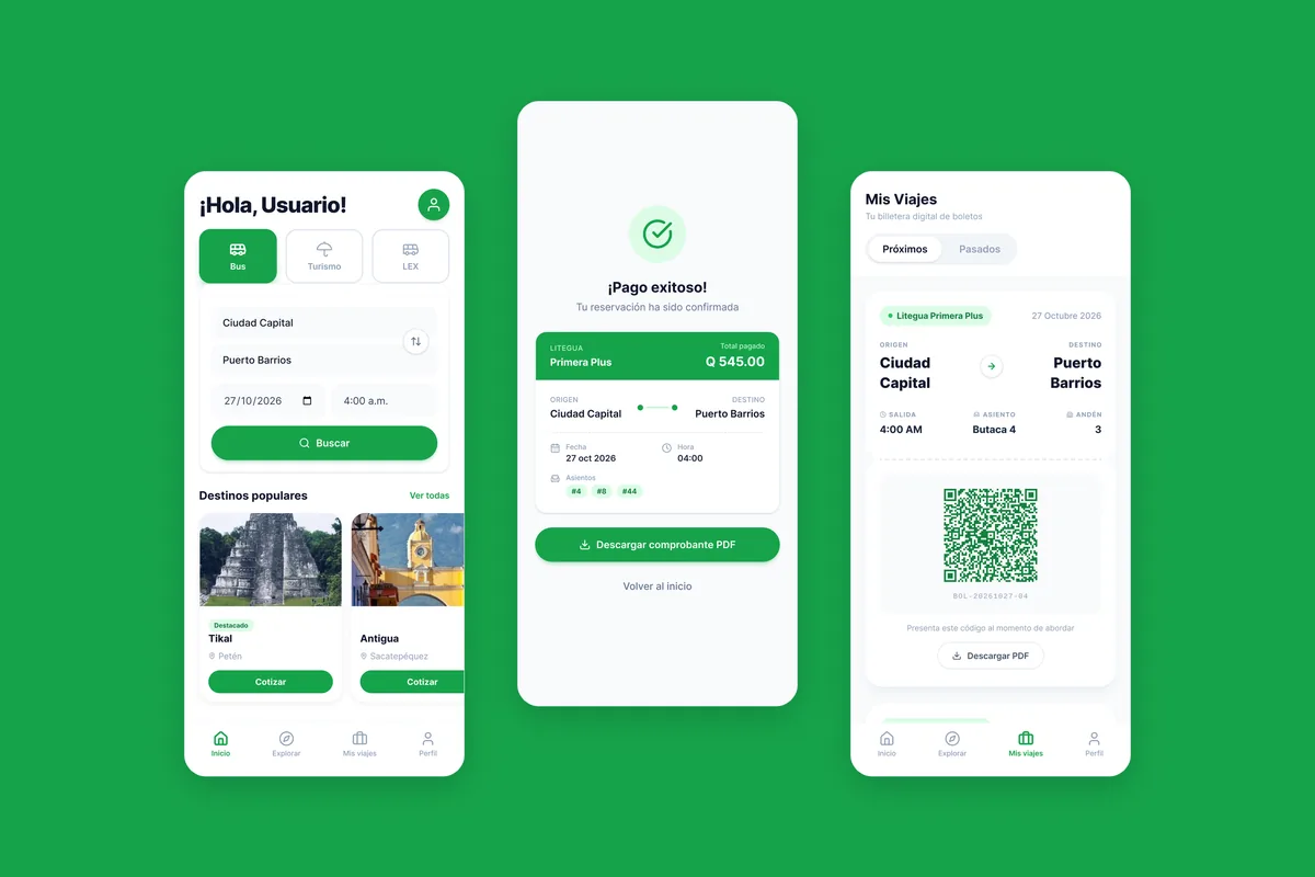 Tres pantallas de la app de Litegua sobre fondo verde: búsqueda de viaje, pago exitoso y billetera de boletos.